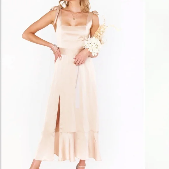 knee length dresses for ladies Show Me Your Mumu Garden Midi Dress Luxe Satin Women's Clothing Ivory : XL main image 1